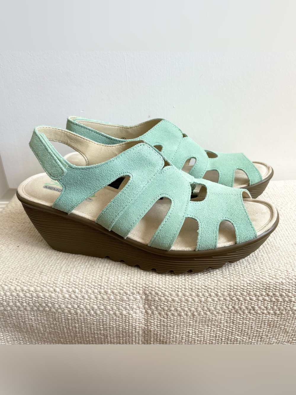 Skechers Chunky Platform Wedge Sandal Memory Foam Mint Green Suede Size 8.5